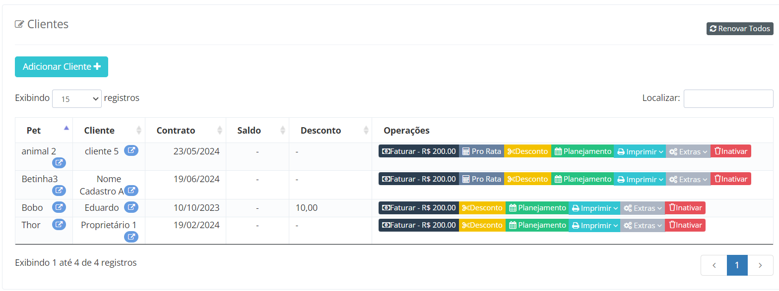 Exemplo de tela com clientes e contratos